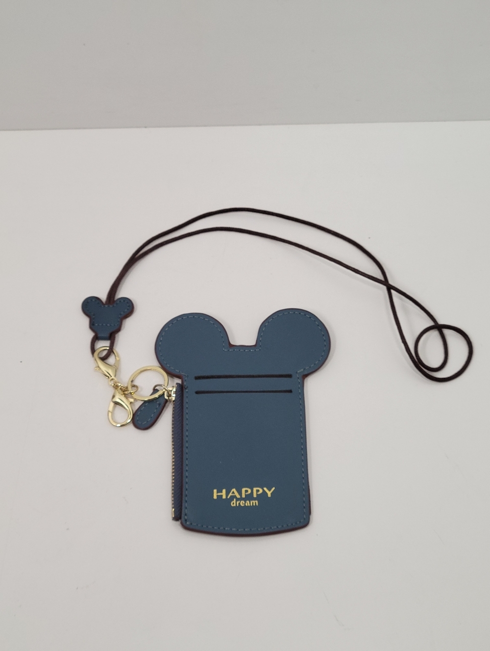 Happy Dream  Disney Blue Faux Leather Mickey Mouse Ears Lanyard ID Travel Wallet